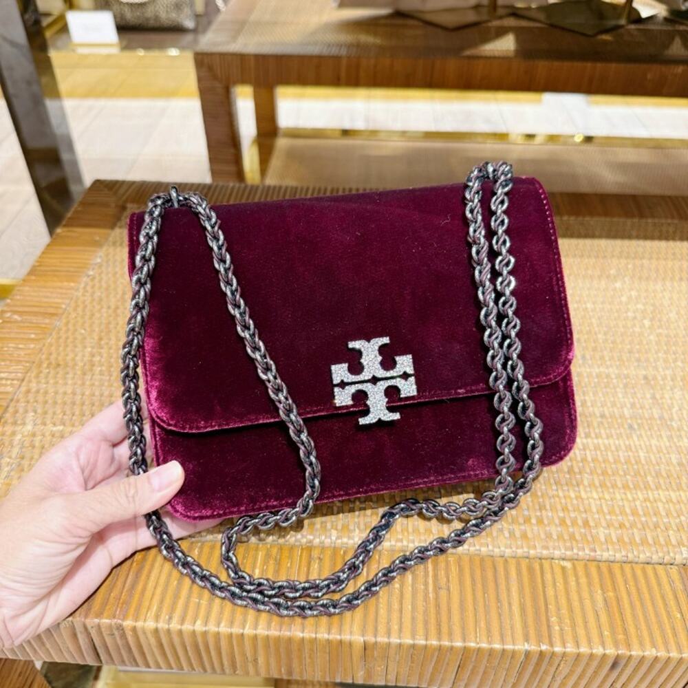 New‼️Tory Burch Britten Small Velvet Pavé Shoulder Bag 182428 Dark Carmine $700